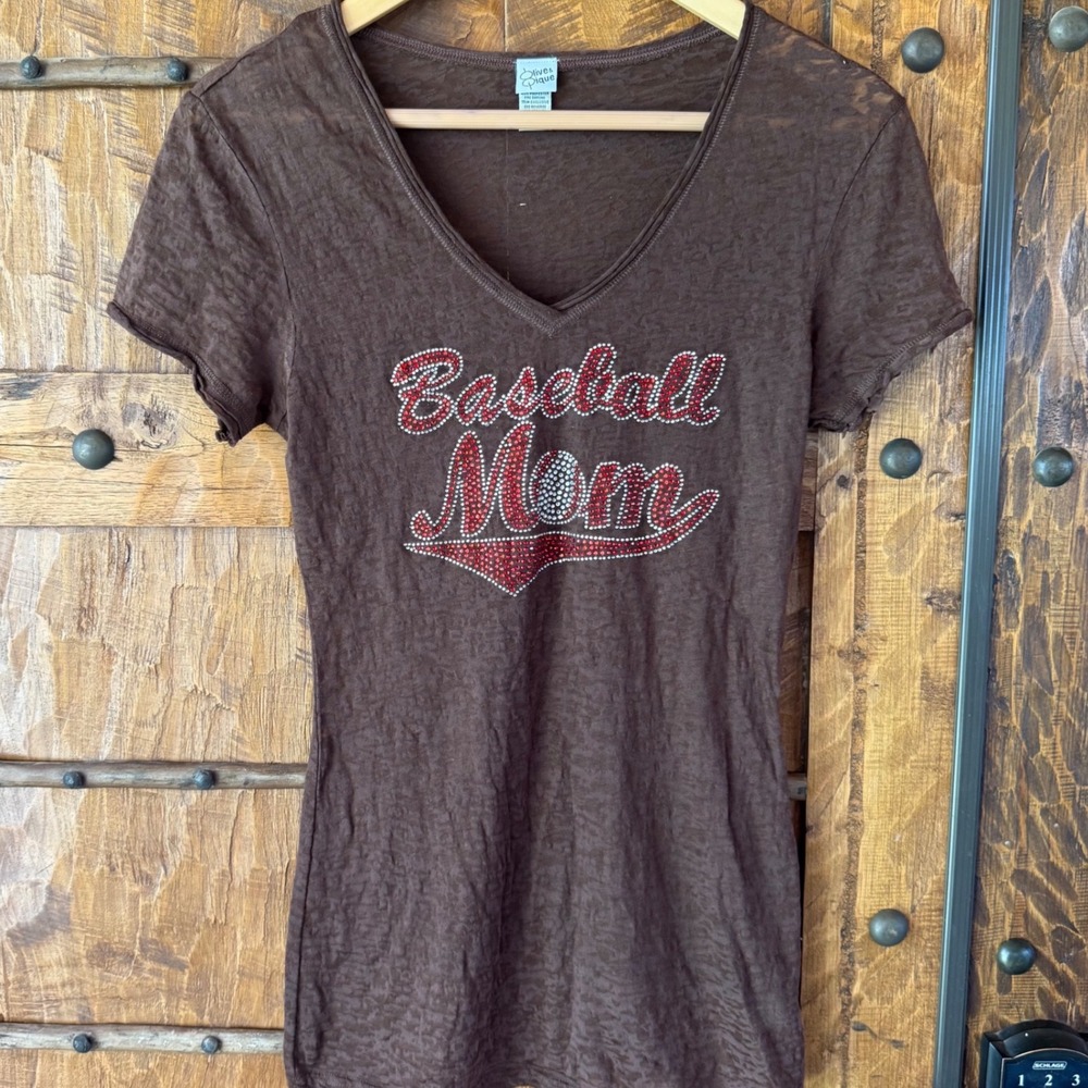 Y2K Vintage Baseball Mom Sheer Womens Large Brown Rhinestone V-Neck Shaped Fit